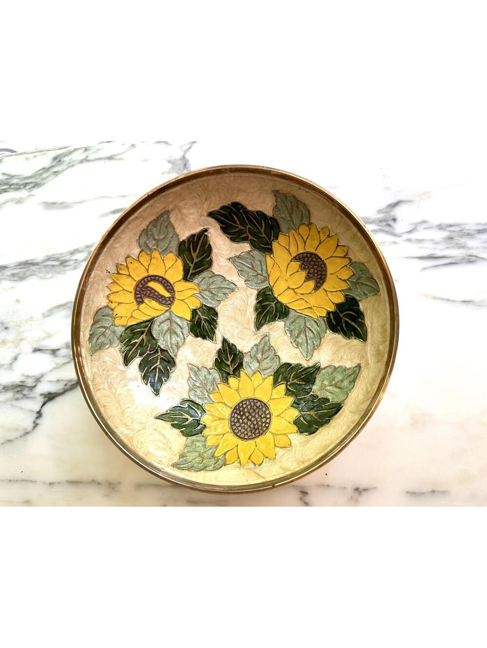 Vintage Brass Enameled Decorative Sunflower Footed Bowl
